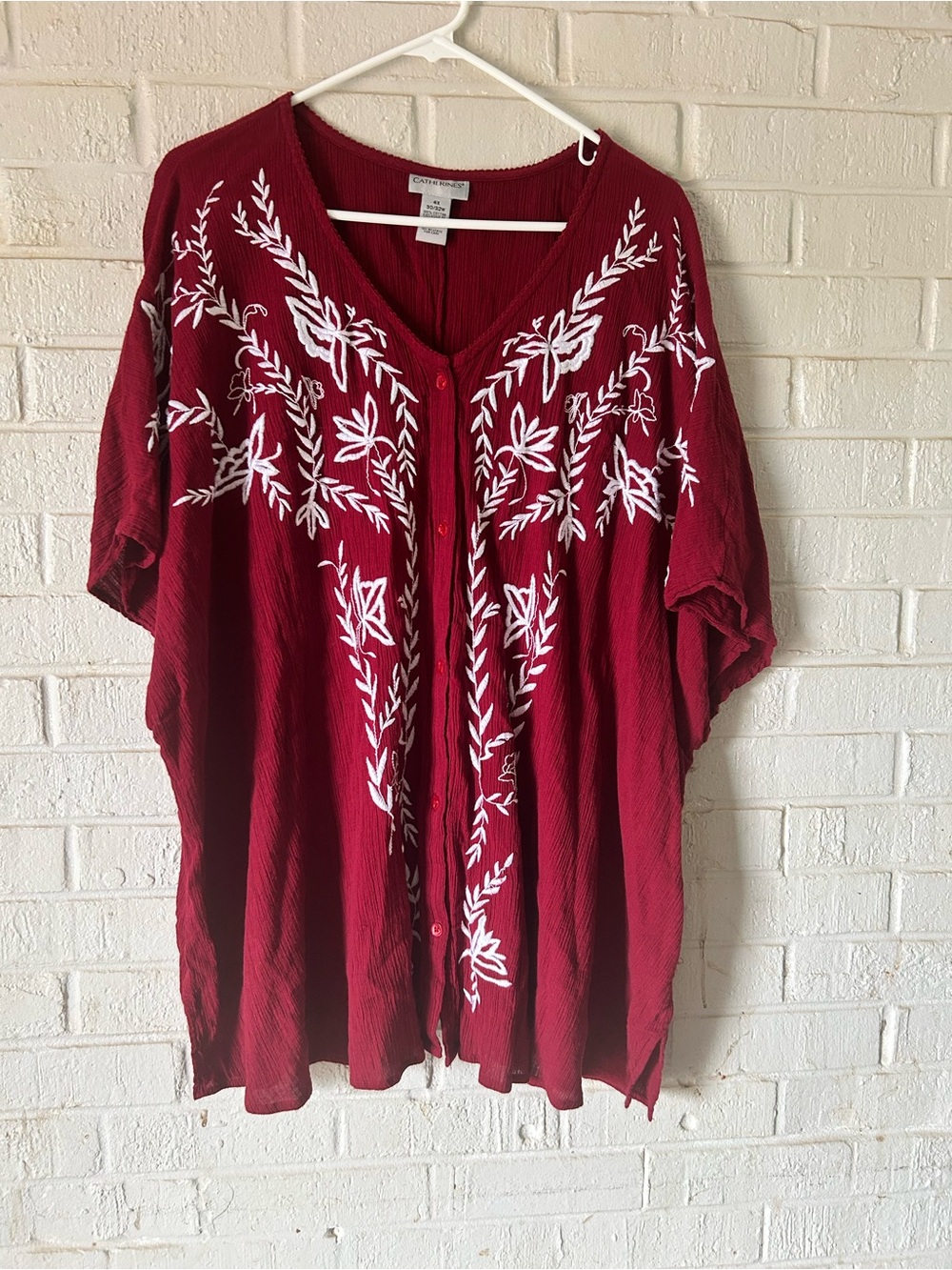 Catherines Top Blouse Shirt Cotton Embroidered Womens 4X 30-32W Red Burgundy